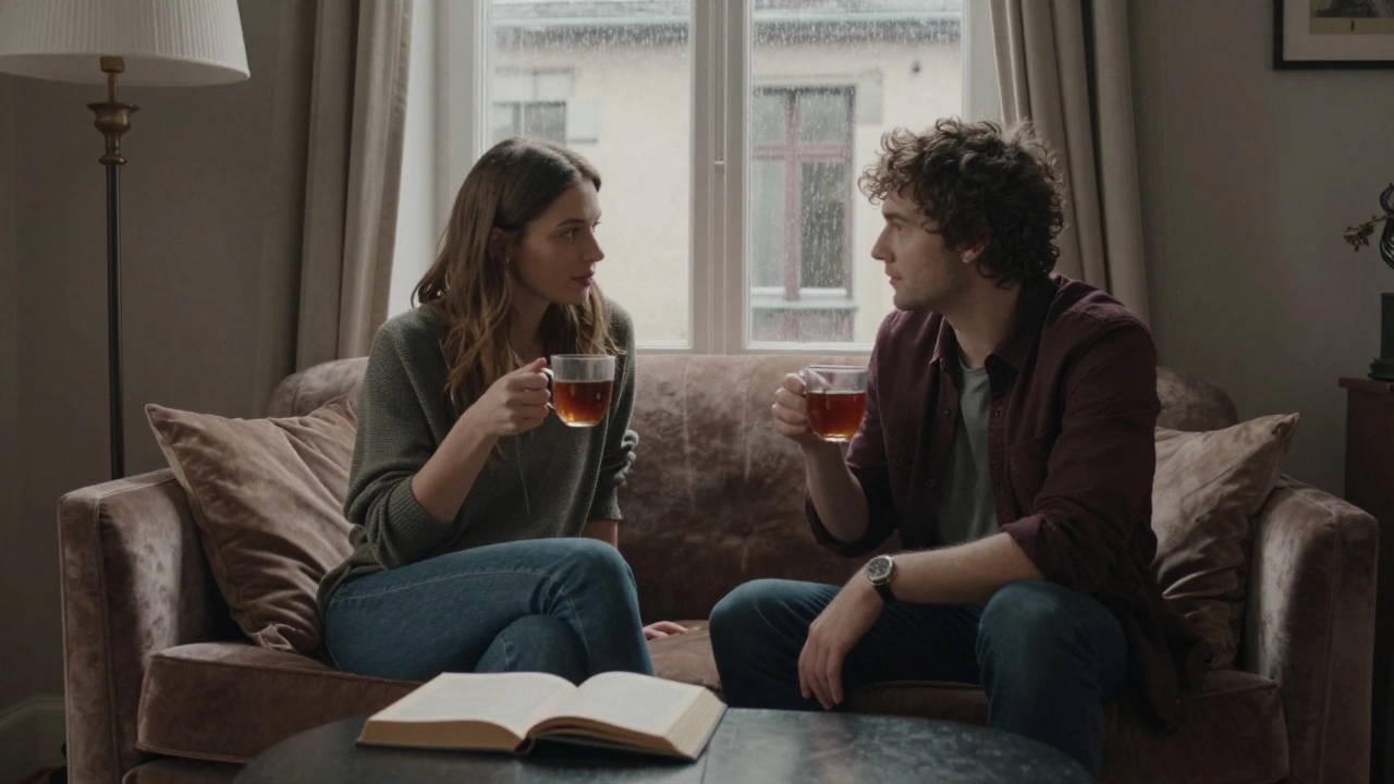 A man and woman sitting together on a sofa in a cozy apartment, sipping tea and sharing a quiet moment.