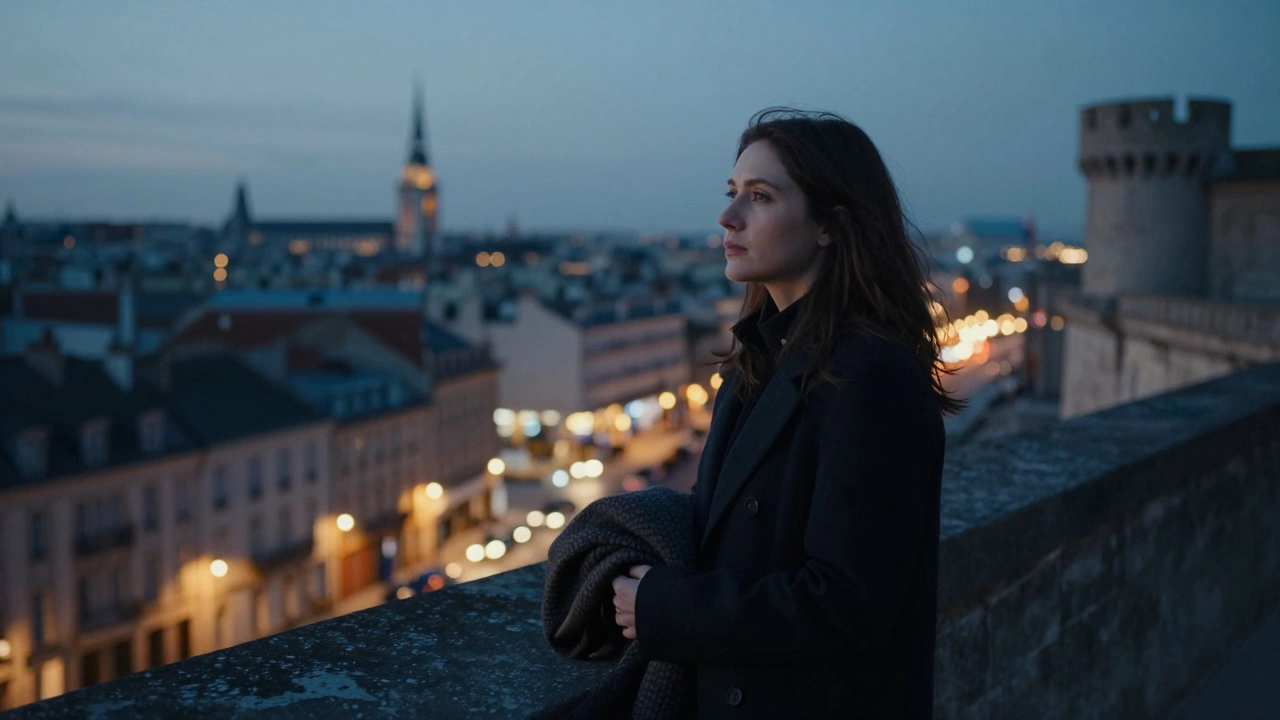 A woman standing alone by the Citadelle de Lille at dusk, gazing at the city lights with a calm, reflective expression.