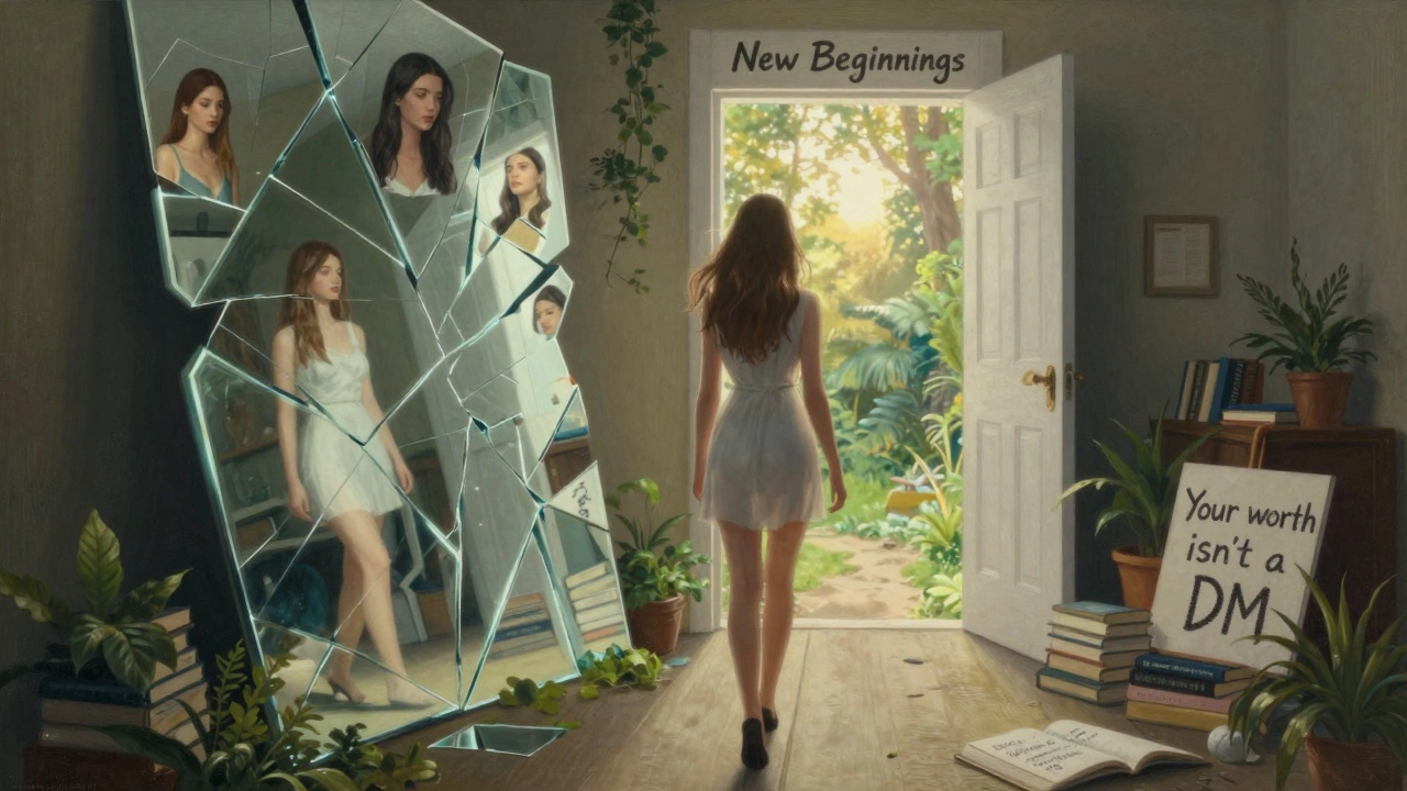 A woman walking away from a broken mirror reflecting her online persona, toward a sunlit path symbolizing new beginnings.