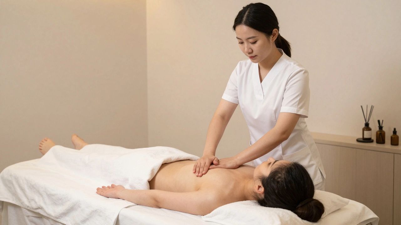 Professional massage therapist providing a calm, licensed therapeutic session in a Moscow spa.