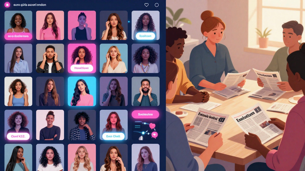 Split scene: on one side, sexualized social media ads; on the other, a quiet group sharing stories in a warm, nurturing space.