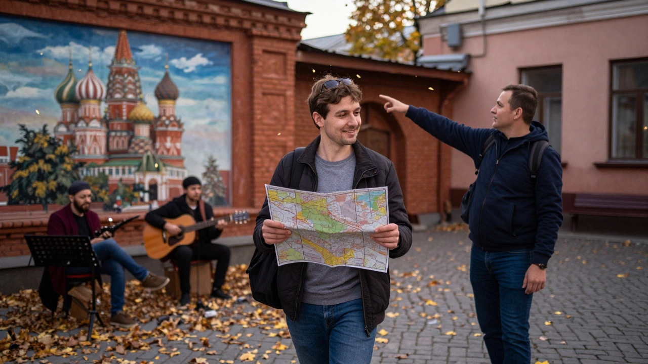 Tourist walking with a local guide through a Moscow courtyard at dusk, discovering culture together.